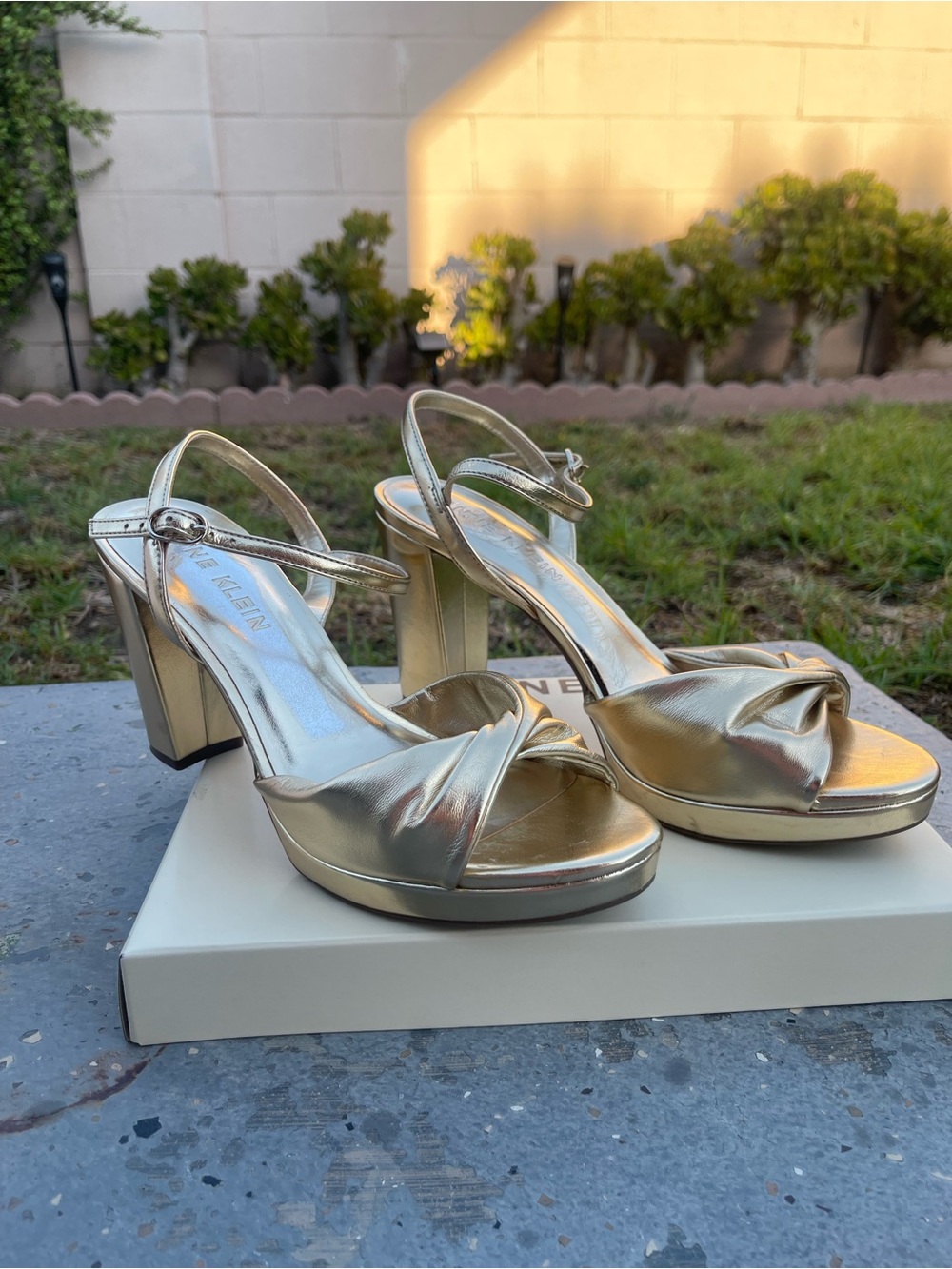 Anne Klein Gold Metallic Block Heel Sandals